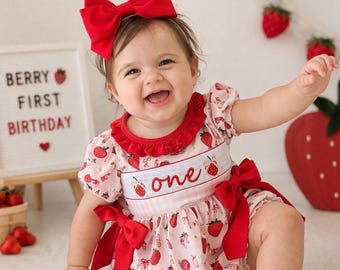 Strawberry First Birthday Smocked Romper: Berry 1st Baby Girl Outfit