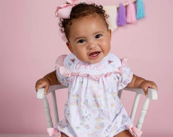 Carousel First Birthday Smocked Romper, First Go Round Embroidered Outfit