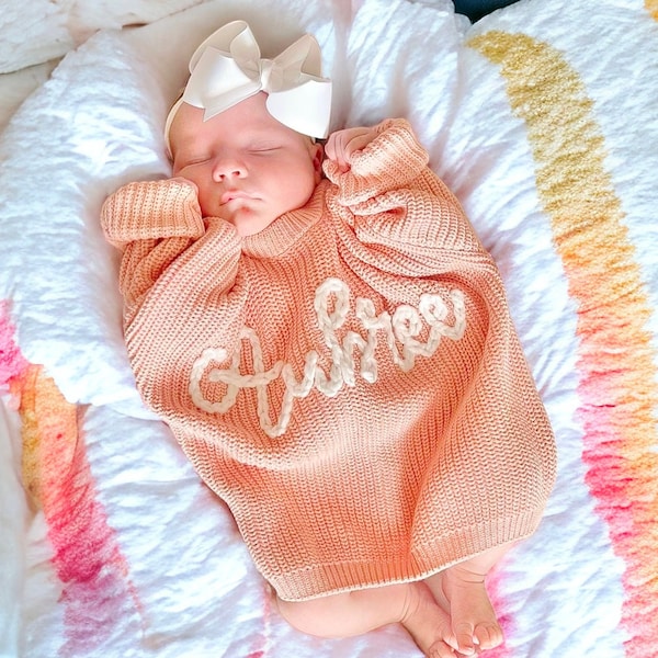 Girls Hand Embroidered Baby Sweater with Name, Oversized Sweater Chunky Knit Newborn Baby Gift Milestone Girl Toddler Personalized Custom