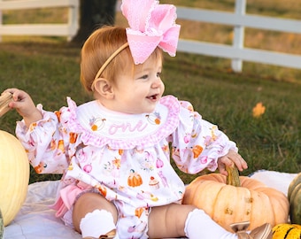 Our Little Pumpkin First Birthday Romper: Girls Smocked Pink Floral Outfit