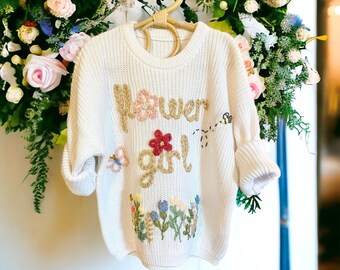 Flower Girl Gift Sweater Shirt Toddler Baby Spring Flower Bee Butterfly Personalized Daisy Hand Embroidered Sweater Colorful Wildflowers