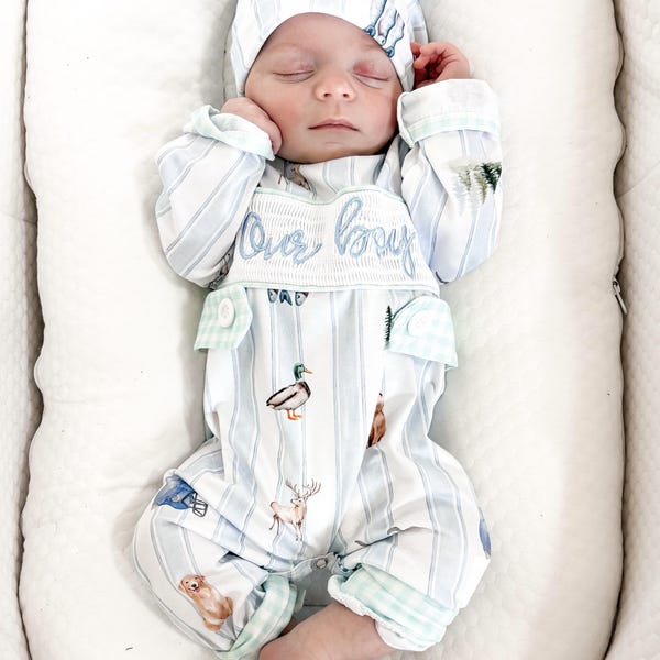 Newborn Boy Smocked Romper & Hat Set: Blue Stripe, 'Our Boy' Embroidery