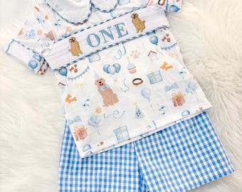 Golden Retriever 1st Birthday Outfit: Boys Smocked Puppy Shirt and Shorts, One Golden Year