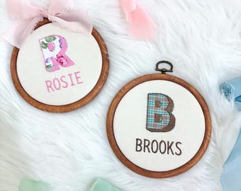 Baby's Initial + Name Custom Embroidered Hoop Keepsake Announcement Room Decor