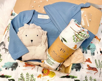 Organic Newborn Gift Set: Lion Lovey, Swaddle Blanket & Ribbed Bodysuit