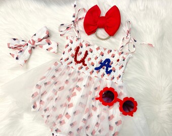 Baby Girls 4th of July Outfit Romper Dress, All American Flag Patriotic Tutu Romper Dress, Red White and Blue Summer First Birthday Outfit