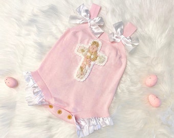 Baby Girls Easter Outfit Floral Cross Romper Pink & White Bow Ruffle Knitted Hand Embroidered Christian Outfit for Baby Hand Stitched Cross