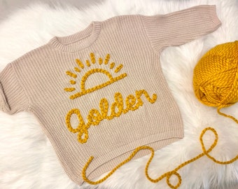 Sunshine Birthday Hand Embroidered Personalized Girls Boys Oversized Baby Name Sweater, Toddler Baby Sweater with Name, Here Comes the Sun