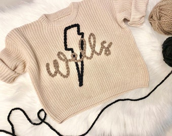 Lightning Bolt Boys Hand Embroidered Baby Sweater with Name Toddler Personalized Custom Oversized Name Sweater Chunky Knit Newborn Boy Gift