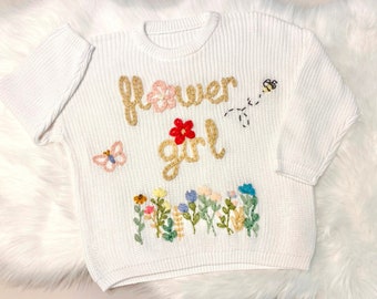 Flower Girl Gift Sweater Shirt Toddler Baby Spring Flower Bee Butterfly Personalized Daisy Hand Embroidered Sweater Colorful Wildflowers