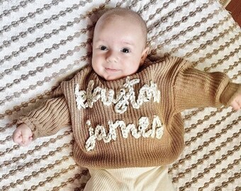 Boys Hand Embroidered Baby Sweater with Name, Toddler Personalized Custom Oversized Name Sweater Chunky Knit, Newborn Baby Gift, Milestone