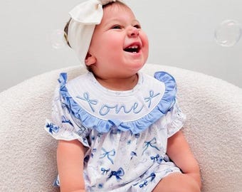 Blue Bow Smocked First Birthday Romper: Girls Coquette Outfit