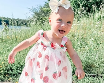 Strawberry 1st Birthday Dress: Red & Pink Tulle, Matching Sun Hat