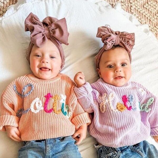 Baby Toddler Sisters Hand Embroidered Girls Custom Sweater with Name, Oversized Personalized Name Sweater, Colorful Rainbow Sweaters Gift