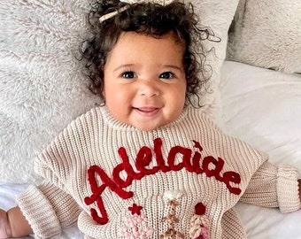 Hand Embroidered Baby Name Oversized Christmas Sweater for Baby Girls and Toddler Girls, Baby Toddler Custom Holiday Sweater, Baby Sweater