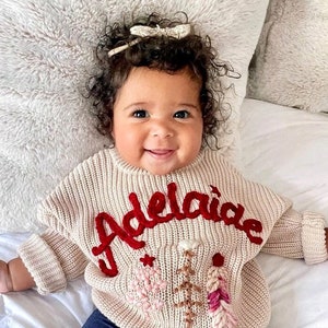 Hand Embroidered Baby Name Oversized Christmas Sweater for Baby Girls and Toddler Girls, Baby Toddler Custom Holiday Sweater, Baby Sweater