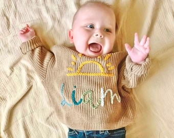 Hand Embroidered Personalized Boys Oversized Sunshine Baby Name Sweater, Fall Toddler Baby Boys Sweater with Name Gift, Here Comes the Sun