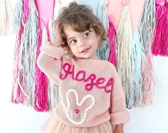 Baby Toddler Girls Easter Outfit Bunny Sweater, Pink Easter Shirt with Name, Personalized Hand Embroidered Custom Rabbit Spring Sweater