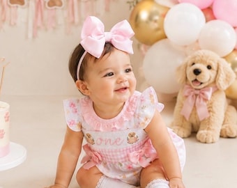 First Birthday Smocked Bubble Romper: Girls Pink Gingham Puppies and Bows, One Golden Year