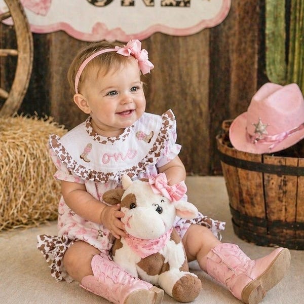 Rodeo Cowgirl 1st Birthday Smocked Romper: Holy Cow I'm ONE Pink Ruffles and Bows