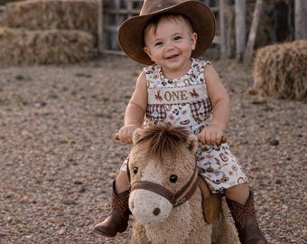 First Rodeo Birthday Smocked Romper: Boys Western Cowboy Outfit