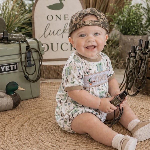 One Lucky Duck First Birthday Romper: Boys Mallard Smocked Outfit