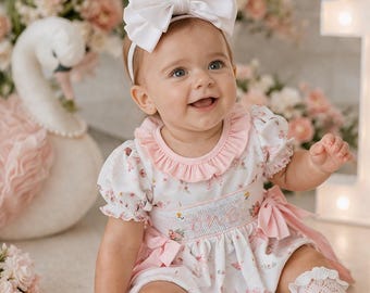 Swan Princess First Birthday Smocked Bubble Romper: Pink Flowers & Bows