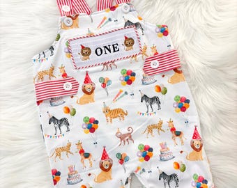 Circus Party Animals Smocked Romper: Boys First Birthday Outfit