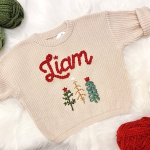 Baby Name Sweater, Baby Christmas Sweater Personalized, Christmas Tree Sweater with Name, Holiday Sweater, Boys Christmas Sweater, Red and Green with Christmas Trees Sweater, chunky knit personalized christmas tree sweater