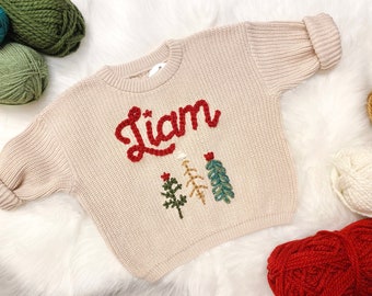 Hand Embroidered Baby Name Oversized Christmas Sweater for Baby Boys and Toddler Boys, Baby Toddler Custom Holiday Sweater, Baby Sweater