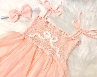 Pink Bow First Birthday Outfit One Romper Dress Girls 1st Birthday Tutu Romper Dress Hand Embroidered Baby Girls 1st Bow Birthday White Pink