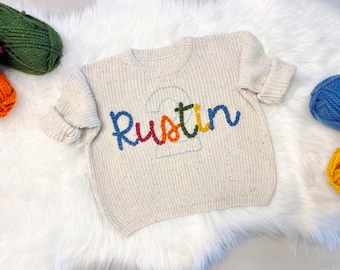 2nd Birthday TWO Sweater Shirt Hand Embroidered Boys Baby Toddler Name Oversized Chunky Knit, Personalized Custom Second Birthday Baby Boy