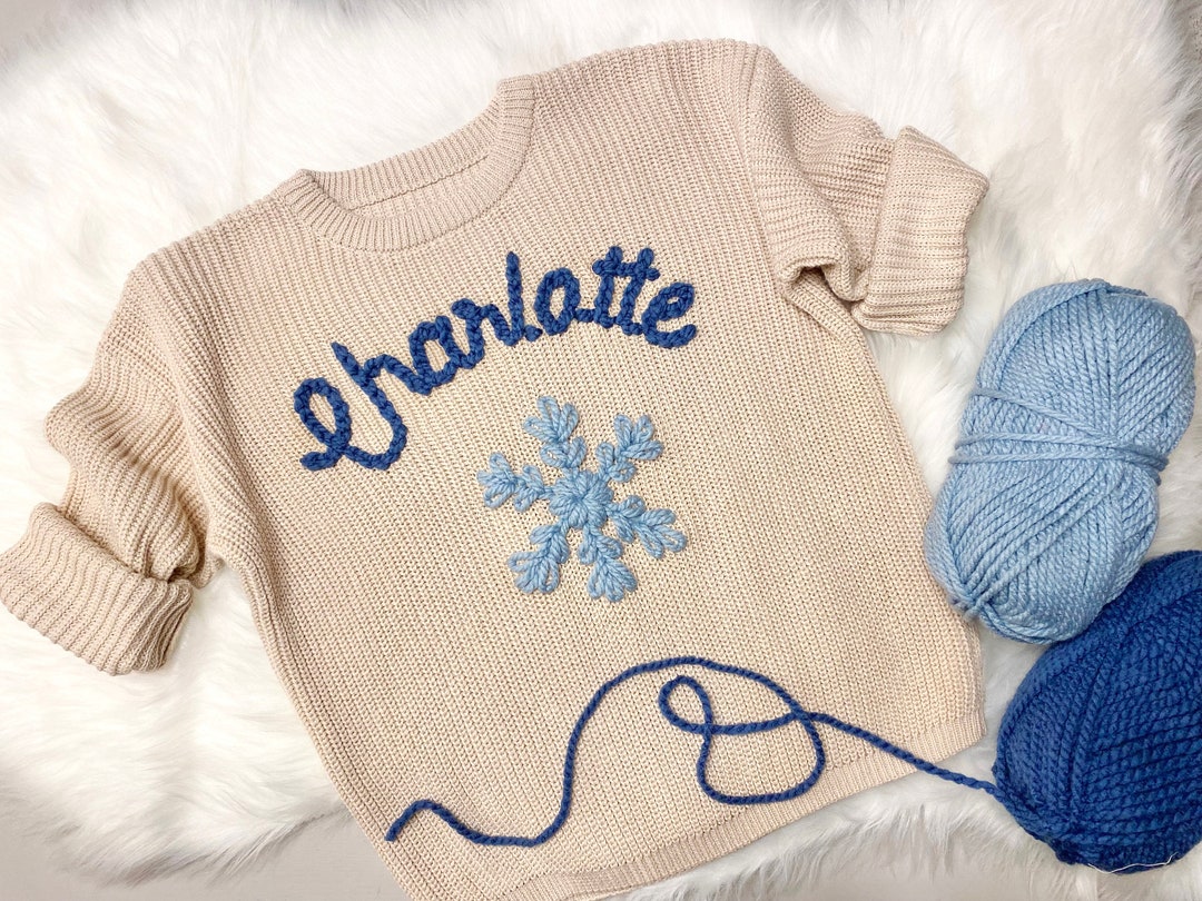 Hand Embroidered Baby Name Oversized Winter 1st Birthday Sweater for