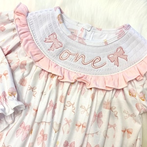 pink bow first birthday girl romper pink and white outfit, pink white smocked bubble romper first birthday winter bows ruffle bows  embroidered smocked long sleeve 1st birthday outfit romper baby girls