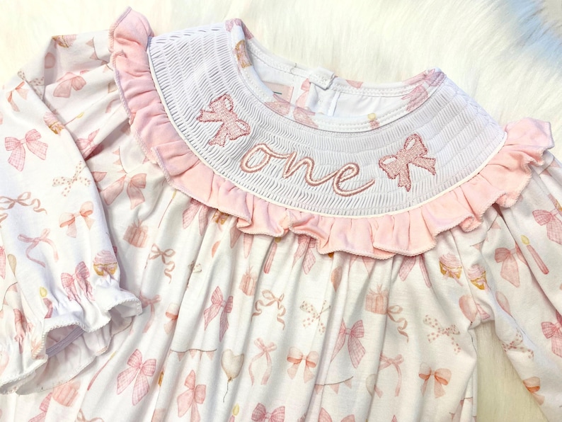 pink bow first birthday girl romper pink and white outfit, pink white smocked bubble romper first birthday winter bows ruffle bows  embroidered smocked long sleeve 1st birthday outfit romper baby girls