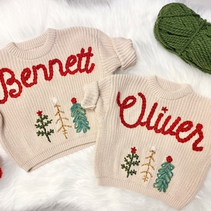 Baby Name Sweater, Baby Christmas Sweater Personalized, Christmas Tree Sweater with Name, Holiday Sweater, Boys Christmas Sweater, Red and Green with Christmas Trees Sweater, chunky knit personalized christmas tree sweater