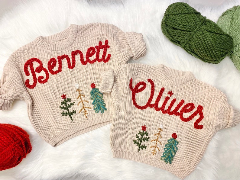 Baby Name Sweater, Baby Christmas Sweater Personalized, Christmas Tree Sweater with Name, Holiday Sweater, Boys Christmas Sweater, Red and Green with Christmas Trees Sweater, chunky knit personalized christmas tree sweater