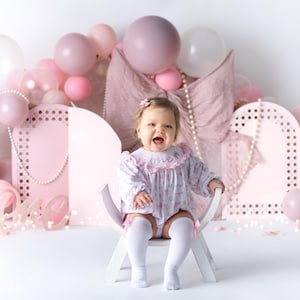 pink bow first birthday girl romper pink and white outfit, pink white smocked bubble romper first birthday winter bows ruffle bows  embroidered smocked long sleeve 1st birthday outfit romper baby girls