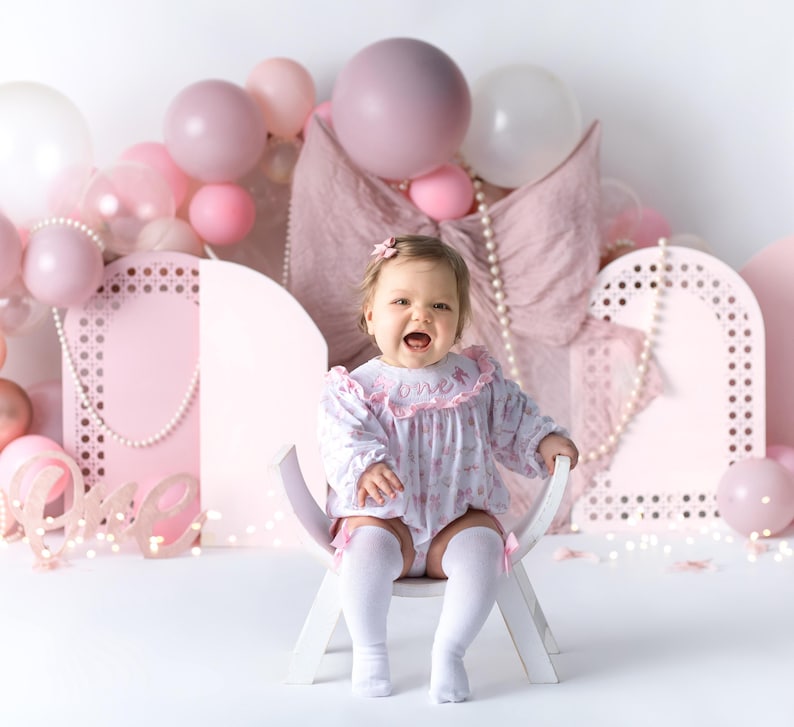 pink bow first birthday girl romper pink and white outfit, pink white smocked bubble romper first birthday winter bows ruffle bows  embroidered smocked long sleeve 1st birthday outfit romper baby girls