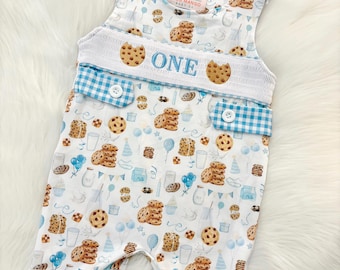 Sweet One Milk and Cookies Smocked Romper: Baby Boys First Birthday Outfit