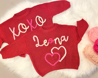 Sweet Heart Baby Girls Valentine's Day Outfit Toddler Hand Embroidered Baby Name Oversized Sweater, Custom Hearts Personalized Shirt XOXO