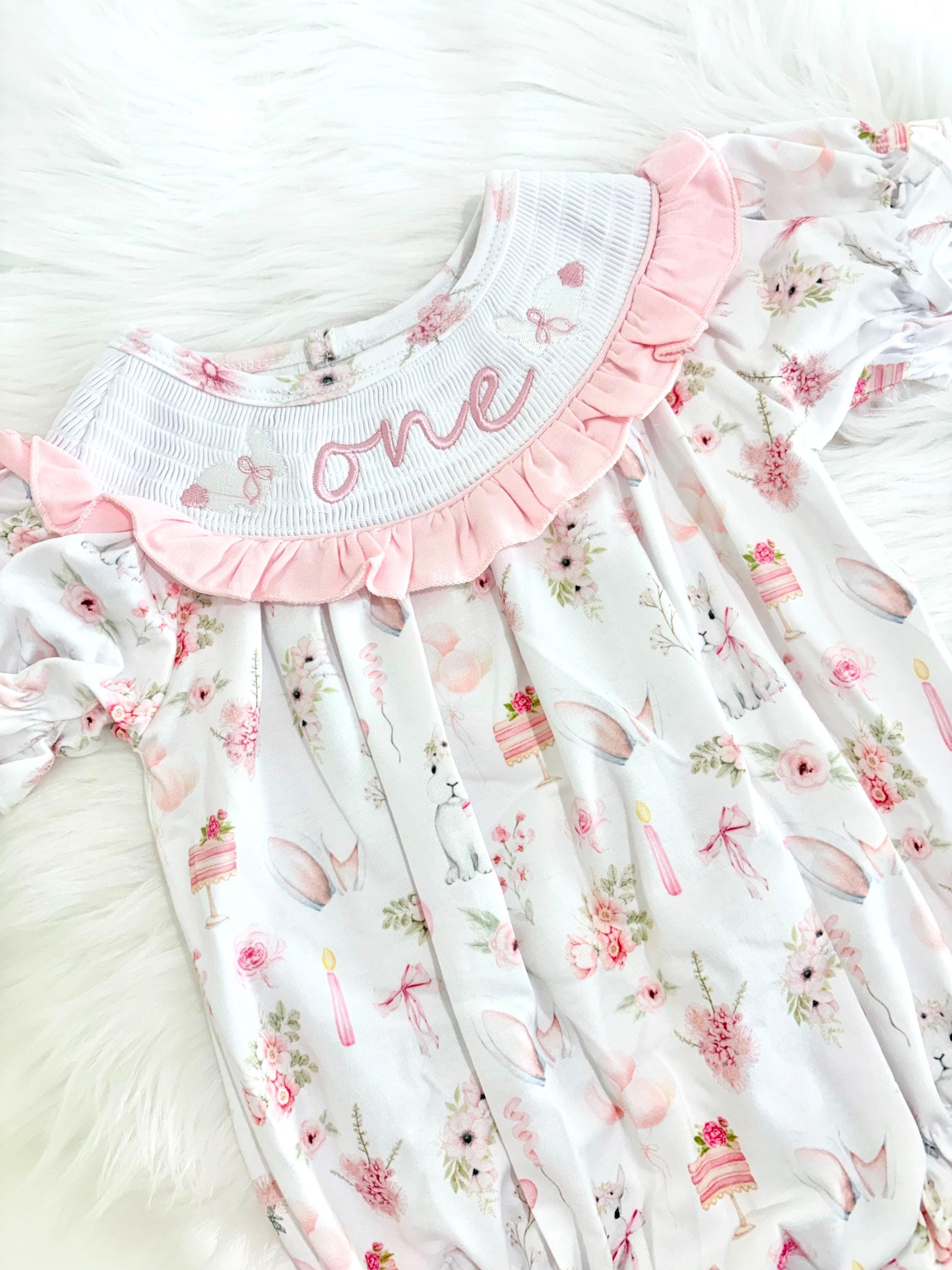 Bunny First Birthday Smocked Romper Dress: Pink Bow Outfit Bunny First Birthday Smocked Romper Dress: Pink Bow Outfit