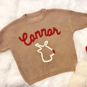 Baby Boys Christmas Sweater, Baby Name Christmas Sweater with Reindeer, Brown and Red Rodolph Reindeer Christmas Holiday Sweater for Boys