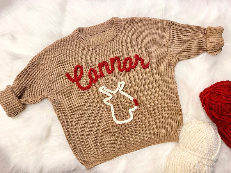 Baby Boys Christmas Sweater, Baby Name Christmas Sweater with Reindeer, Brown and Red Rodolph Reindeer Christmas Holiday Sweater for Boys