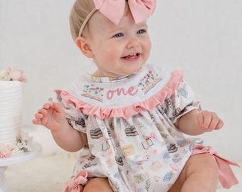 One for the Books First Birthday Romper: Girls Smocked Pink Floral Outfit