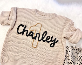 First Birthday ONE Sweater Girls Hand Embroidered Baby Name Oversized Chunky Knit, Personalized Custom 1st Birthday Shirt Baby Girl Toddler