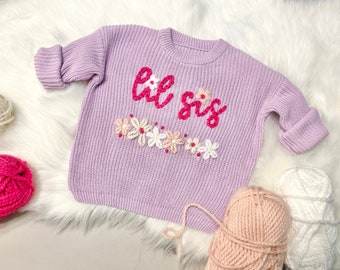 Custom Lil Sis Little Sister Sweater Hand Embroidered with Colorful Flowers for Baby Sister Newborn Gift Pregnancy Announcement Chunky Knit