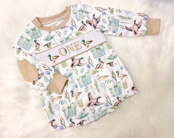 One Lucky Duck First Birthday Romper: Boys Mallard Smocked Outfit