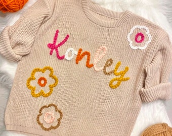Hand Embroidered Custom Name Sweater Baby Gift, Oversized Personalized Groovy Flowers Baby Name Sweater Personalized Baby Sweaters with Name
