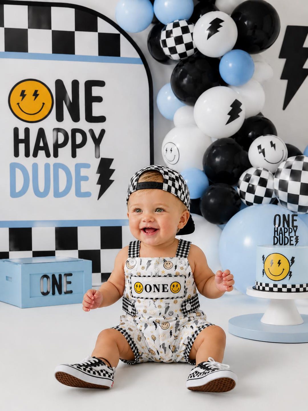One Happy Dude Smiley Face ONE Smocked Romper: First Birthday Boy ...